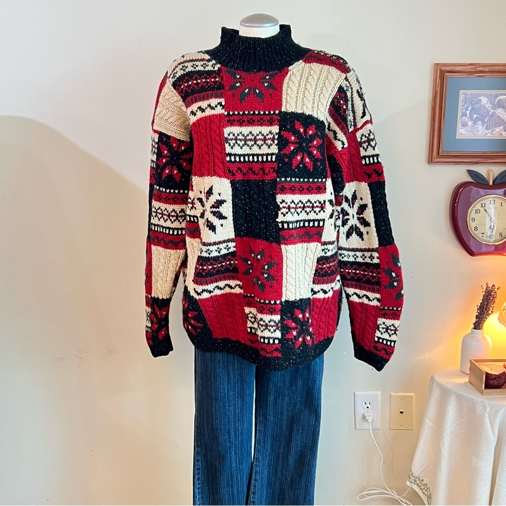Vintage Red and black Jones New York patchwork wool sweater knitwear - Picture 4 of 8